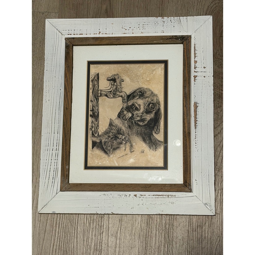 Framed Dog and Cat Sketch Art Distressed White Wood Frame Farmhouse Decor